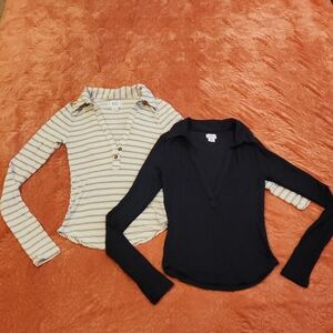 Urban Outfitters BDG 2-pc Taylor Polo Ribbed Long-sleeve Tops sz S Black, Stripe